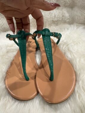 H&M Green T-Strap Leather-Look Sandals with Tan Footbed